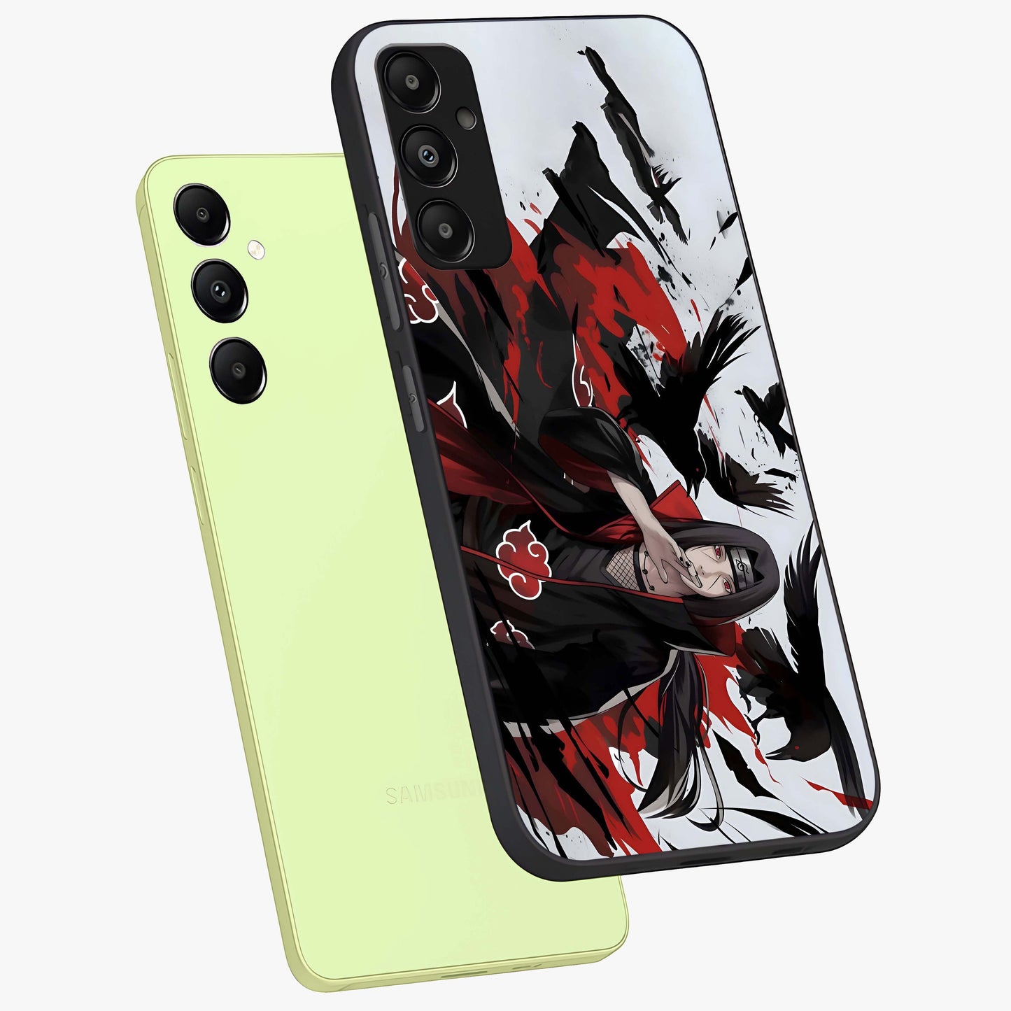 Crimson Crow Illusion Glass Case displayed in angled mockup highlighting mysterious crow graphic with dark aesthetic style.