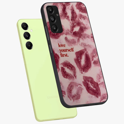 Crimson Kiss Love Glass Case displayed in angled mockup highlighting bold love inspired design with modern aesthetic style.