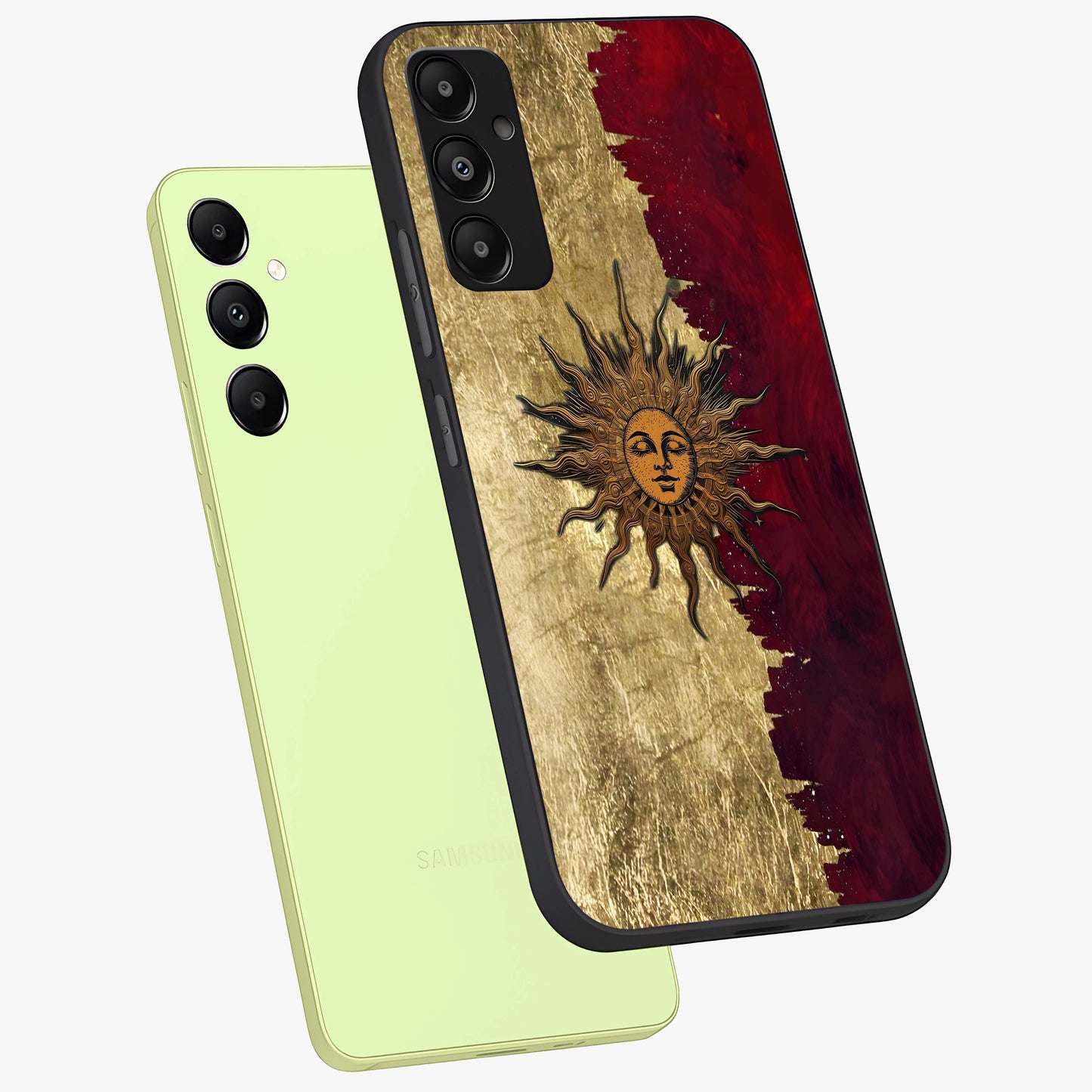 Crimson Sun Majesty Glass Case displayed in angled mockup highlighting majestic crimson sun design with bold aesthetic style.