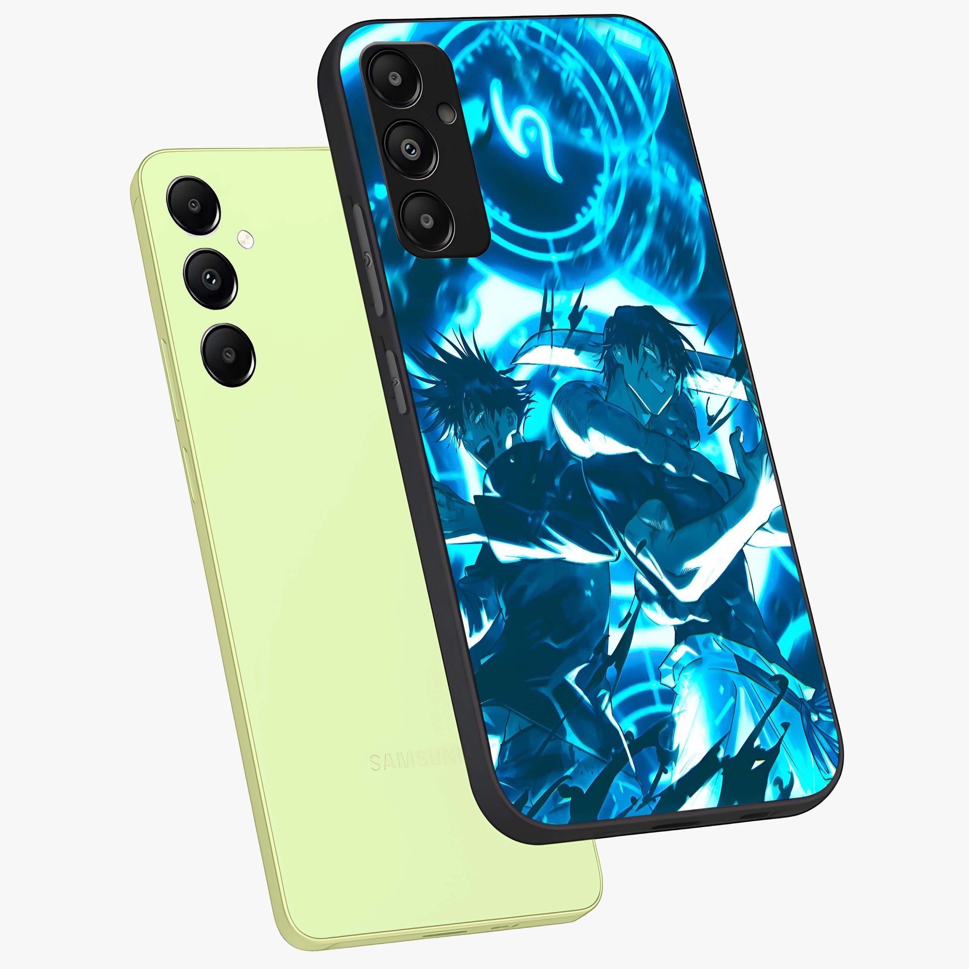 Cursed Energy Clash Glass Case displayed in angled mockup highlighting powerful battle inspired graphic with anime style aesthetic.