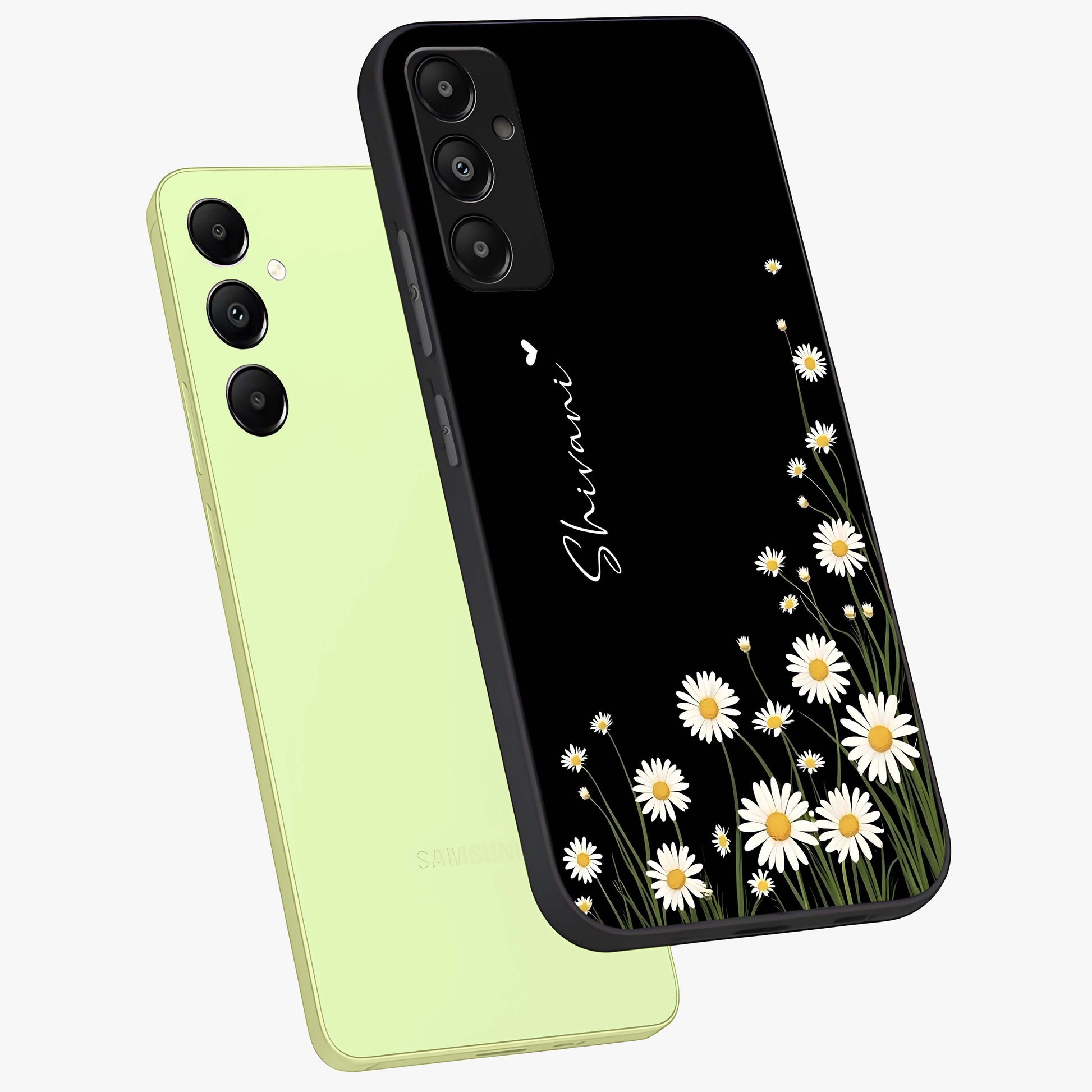Daisy Cascade Custom Name Glass Case displayed in angled mockup highlighting delicate daisy artwork with custom name feature.