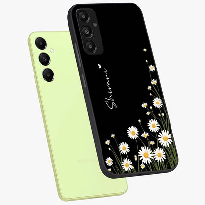 Daisy Cascade Custom Name Glass Case displayed in angled mockup highlighting delicate daisy artwork with custom name feature.