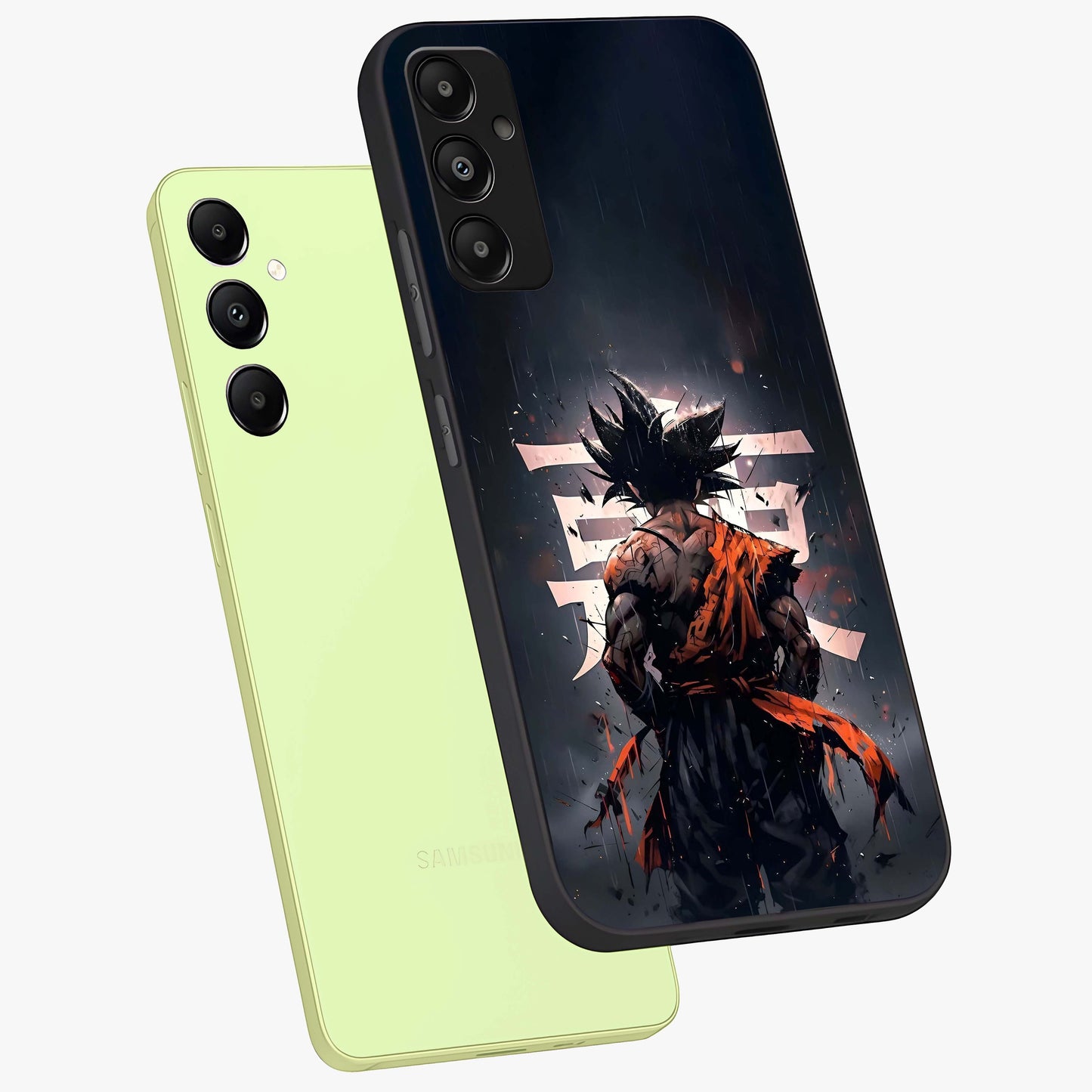 Dark Warrior In Rain Glass Case displayed in angled mockup highlighting dramatic warrior illustration with dark rain aesthetic.