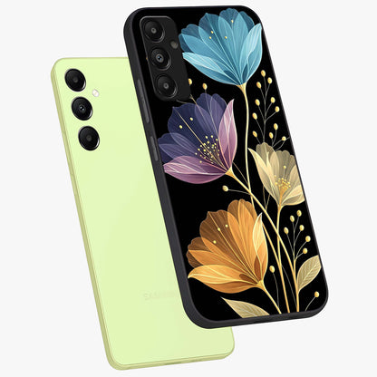 Delicate Multicolor Flowers Glass Case displayed in angled mockup highlighting colorful flower pattern with soft aesthetic style.