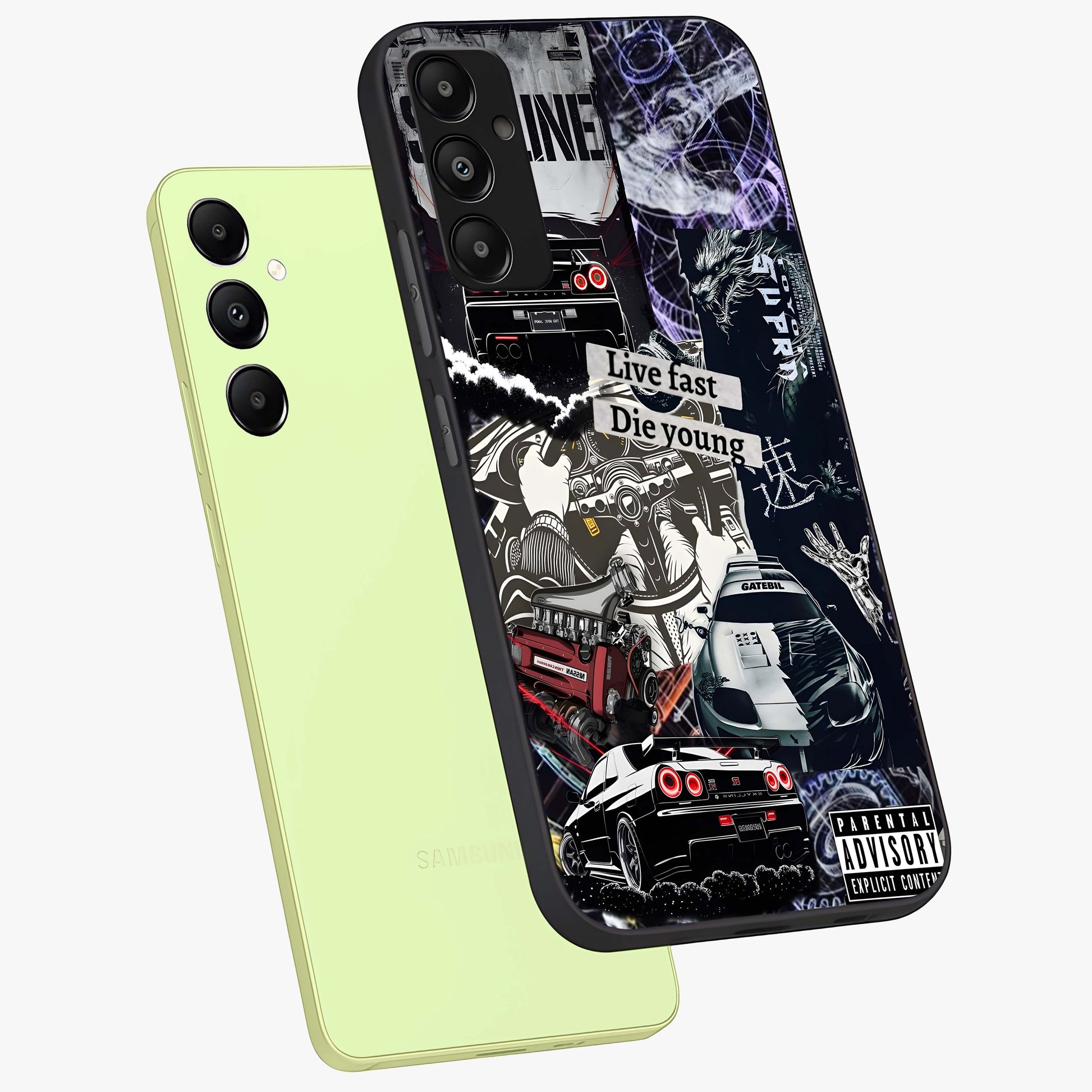 Die Young Glass Case displayed in angled mockup highlighting expressive graphic artwork with edgy aesthetic style.