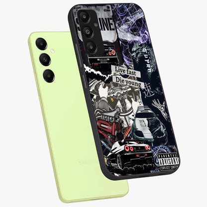 Die Young Glass Case displayed in angled mockup highlighting expressive graphic artwork with edgy aesthetic style.