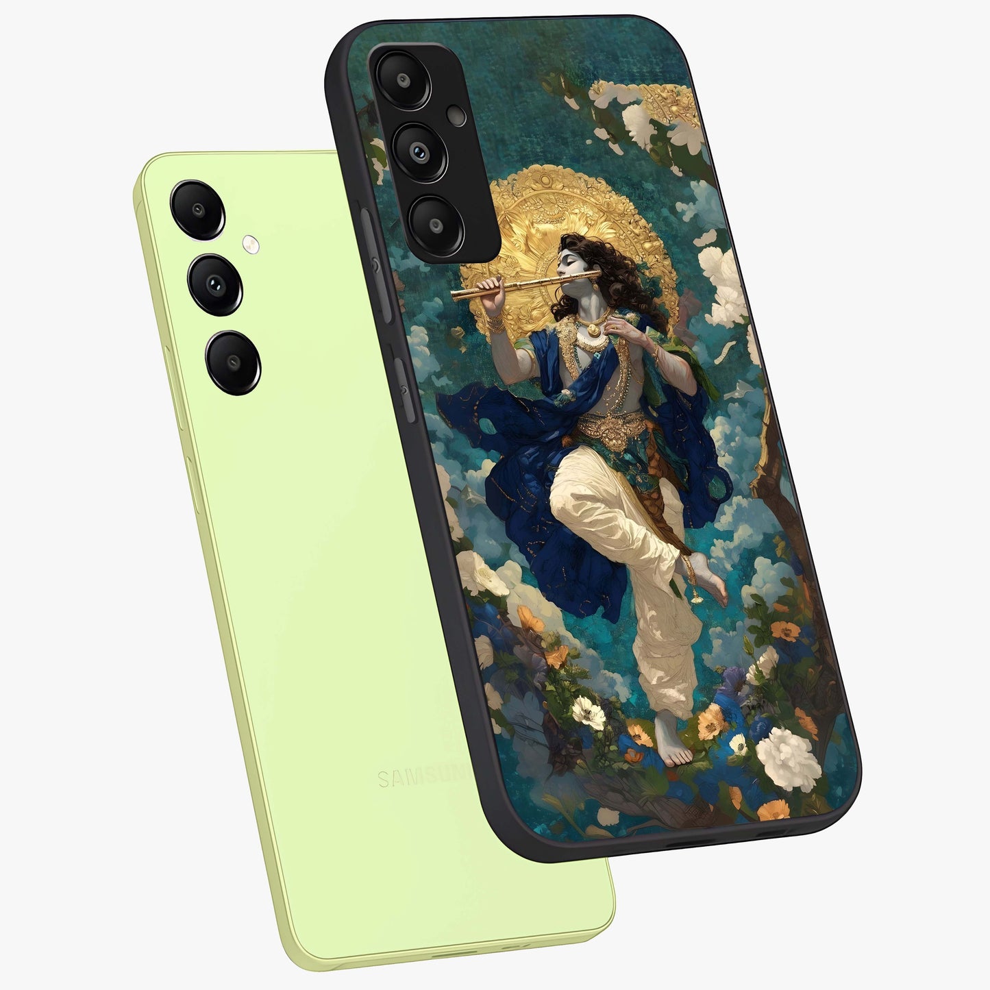 Divine Krishna Art Glass Case displayed in angled mockup highlighting spiritual Krishna illustration with devotional aesthetic.