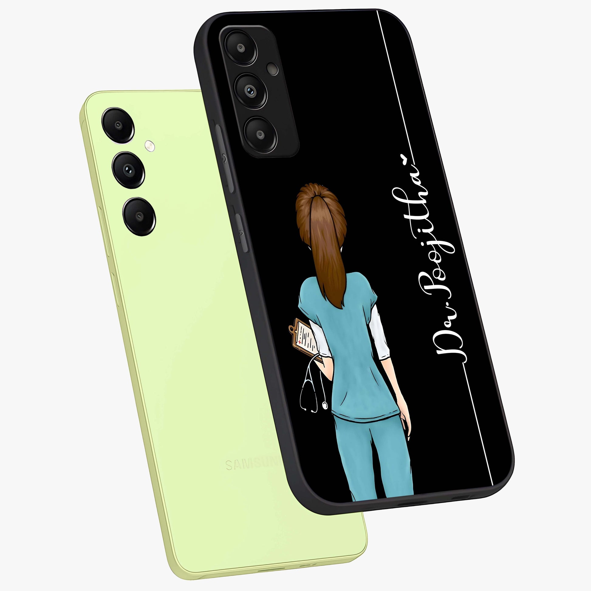 Doctor Pattern Custom Name Glass Case displayed in angled mockup highlighting doctor inspired artwork with custom name feature.