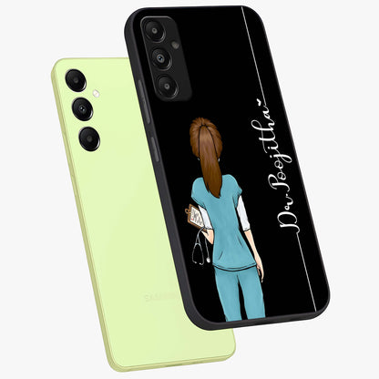 Doctor Pattern Custom Name Glass Case displayed in angled mockup highlighting doctor inspired artwork with custom name feature.