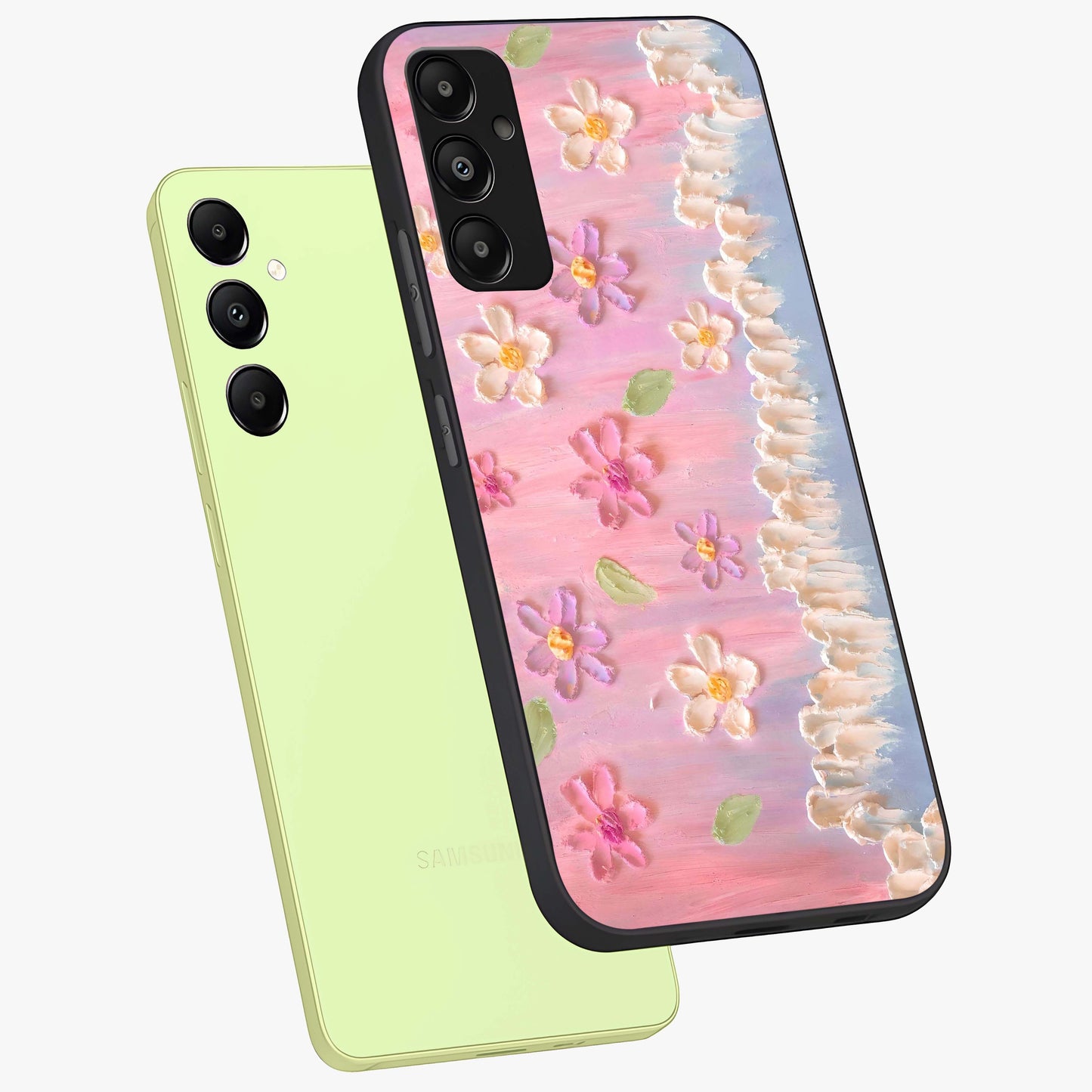 Dreamy Painted Garden Glass Case displayed in angled mockup highlighting colorful garden illustration with dreamy aesthetic style.