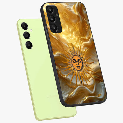 Eternal Golden Glow Glass Case displayed in angled mockup highlighting glowing golden aesthetic design with elegant style.