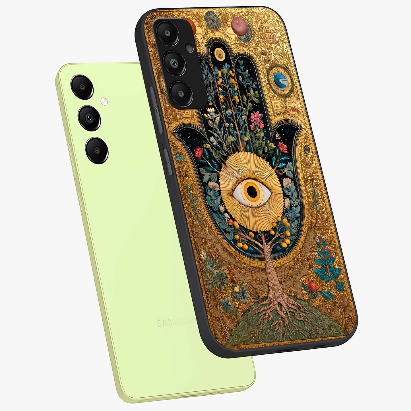 Ethereal Evil Eye Glass Case displayed in angled mockup highlighting protective evil eye symbol with spiritual aesthetic design.