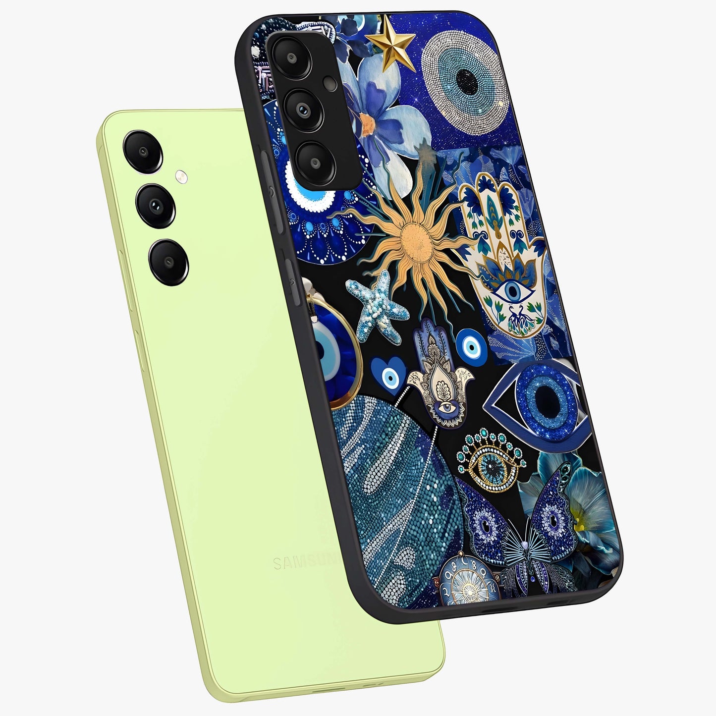 Evil Eye Charm Mix Glass Case displayed in angled mockup highlighting protective evil eye symbols with spiritual aesthetic design.