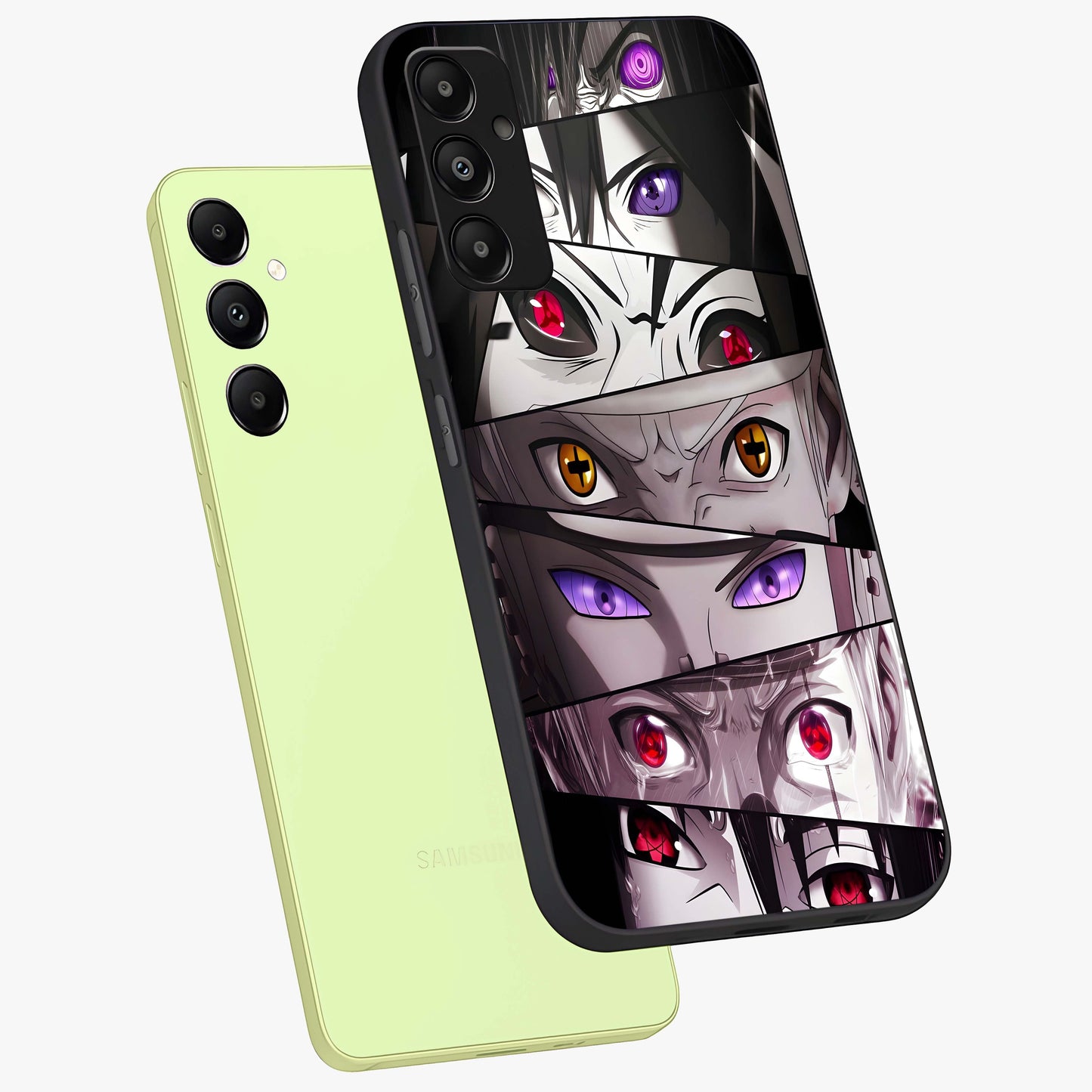 Eyes of Destiny Glass Case displayed in angled mockup highlighting bold eye illustration with mystical aesthetic style.