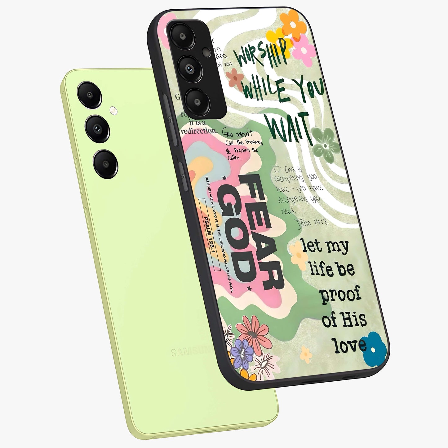 Faith Over Fear Glass Case displayed in angled mockup highlighting inspirational message design with modern aesthetic style.