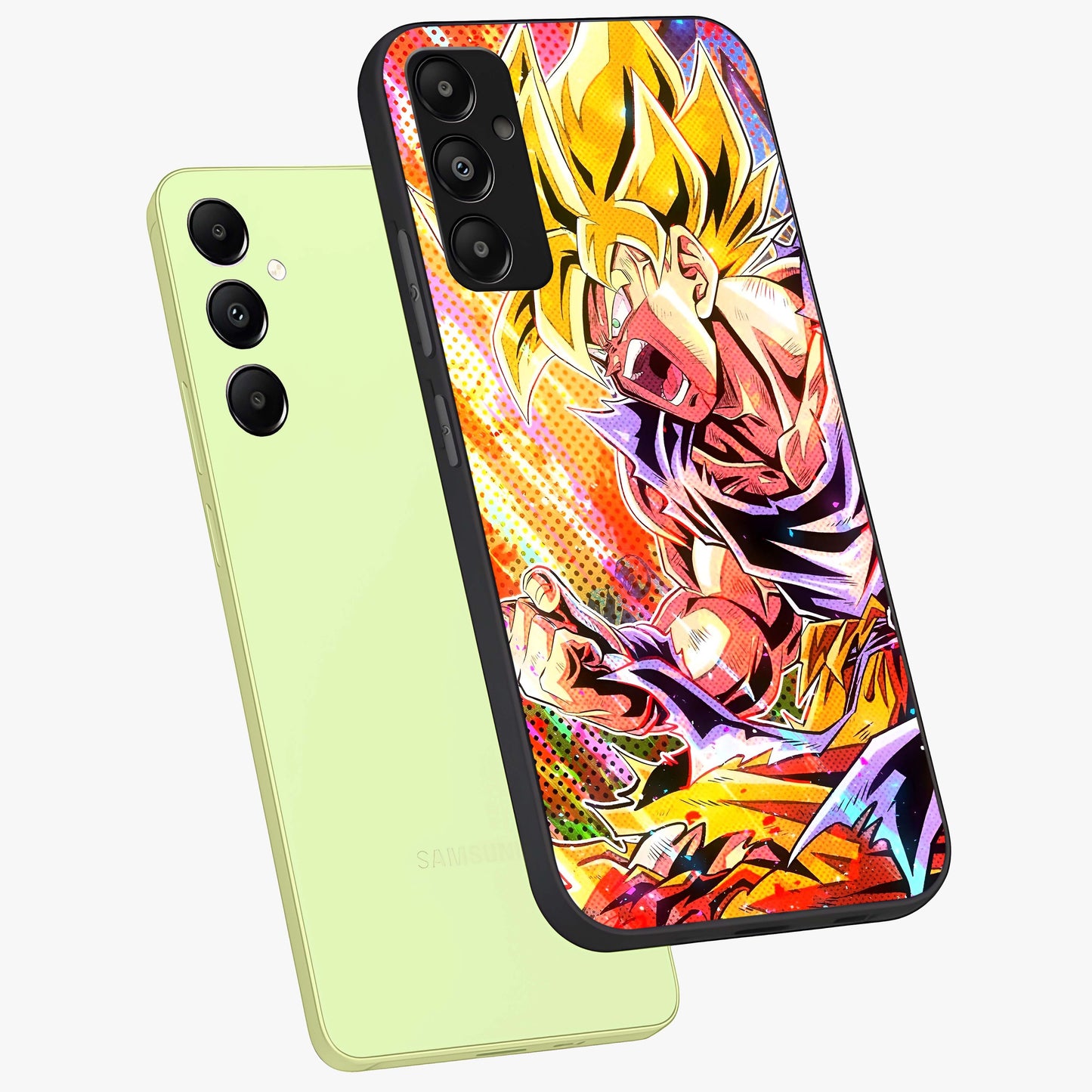 Firing Goku Glass Case displayed in angled mockup highlighting dynamic anime character design with action aesthetic.