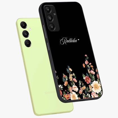 Floral Design With a Custom Personalized Name Glass Case displayed in angled mockup highlighting elegant floral pattern with custom name feature.