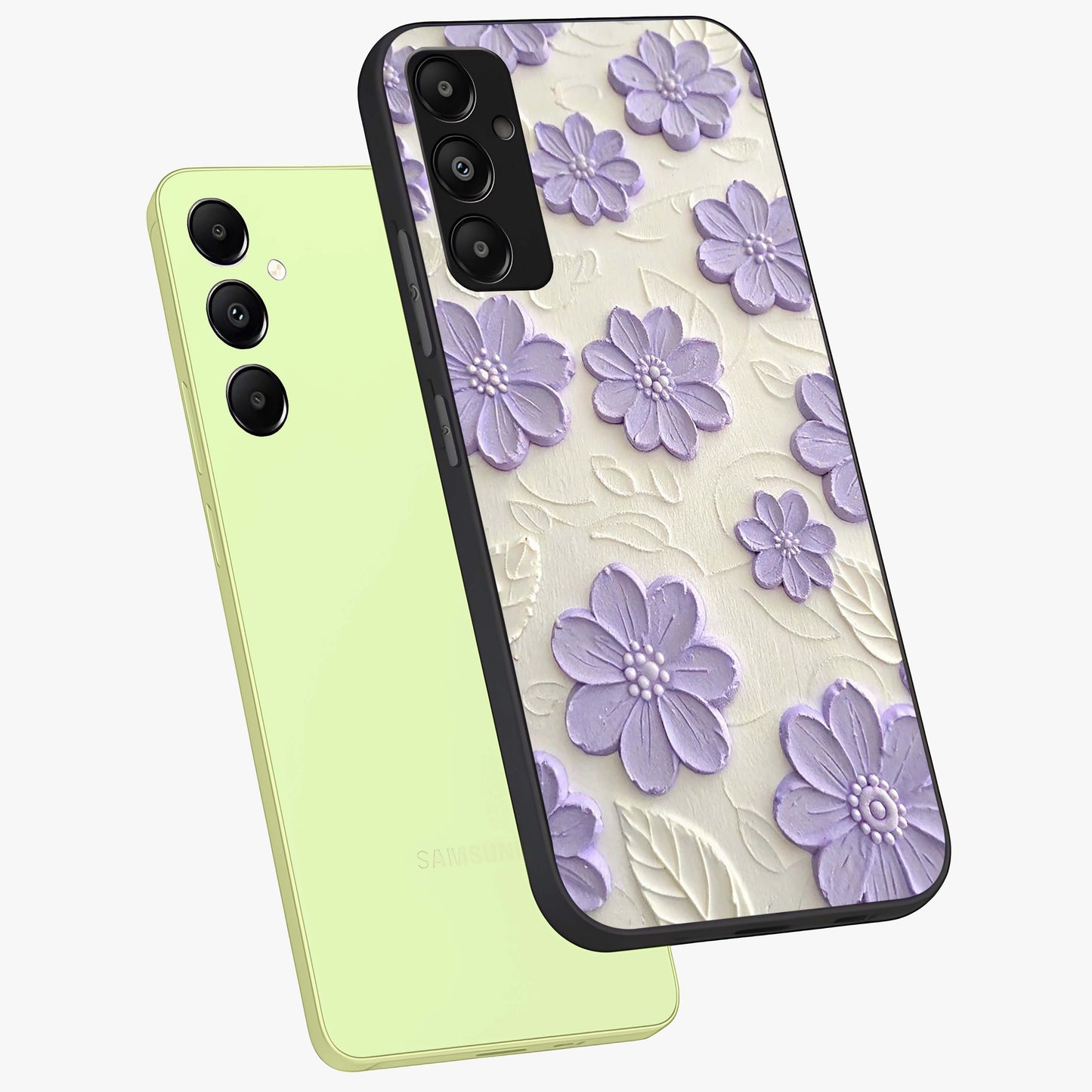 Floral Wall Art With Purple Flowers Glass Case displayed in angled mockup highlighting vibrant purple floral illustration with artistic aesthetic.