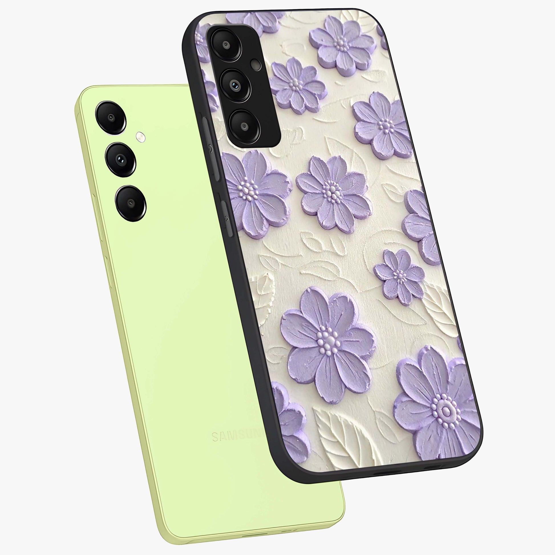 Floral Wall Art With Purple Flowers Glass Case displayed in angled mockup highlighting vibrant purple floral illustration with artistic aesthetic.