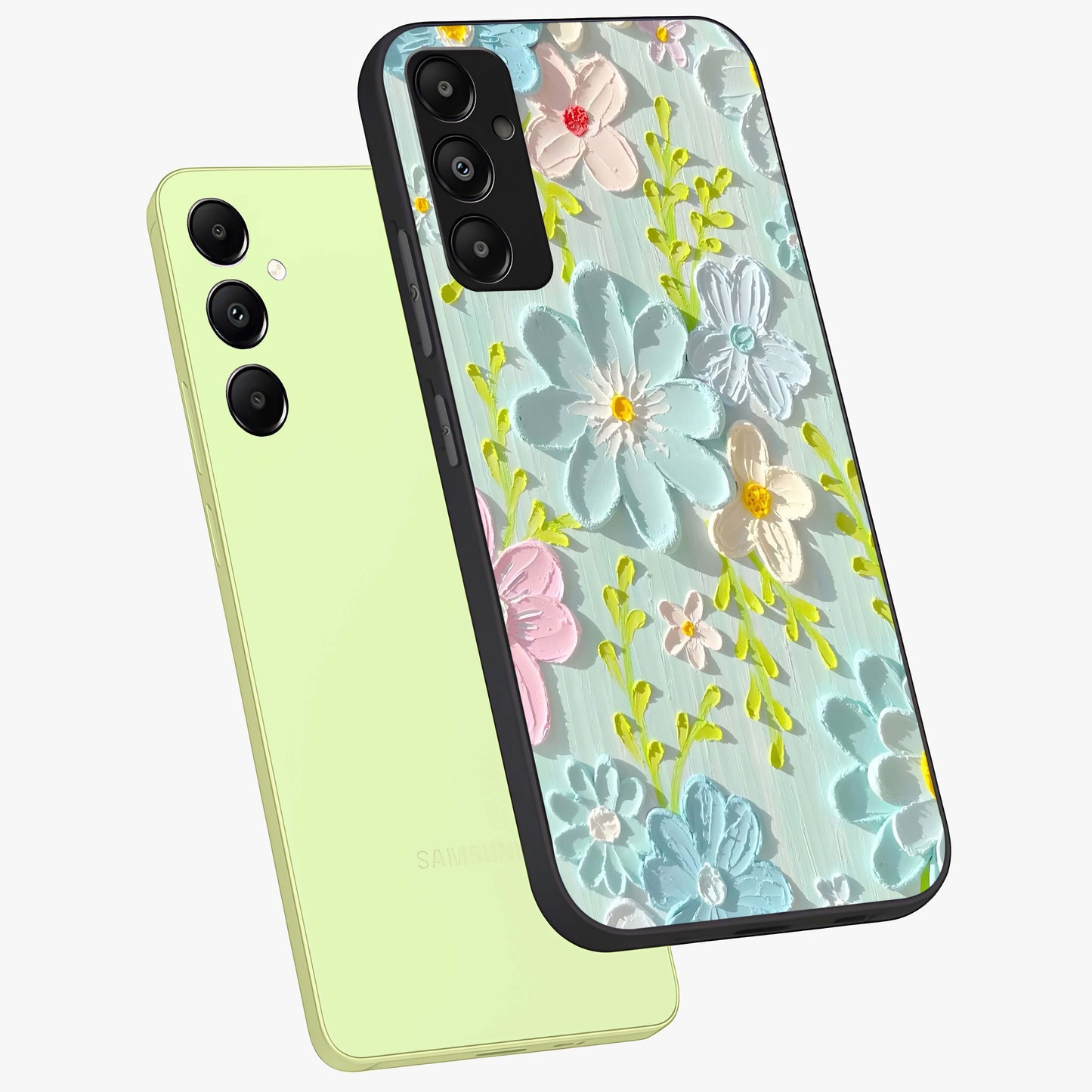 Frosted Petal Garden Glass Case displayed in angled mockup highlighting delicate flower petal design with calm garden aesthetic.