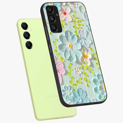 Frosted Petal Garden Glass Case displayed in angled mockup highlighting delicate flower petal design with calm garden aesthetic.
