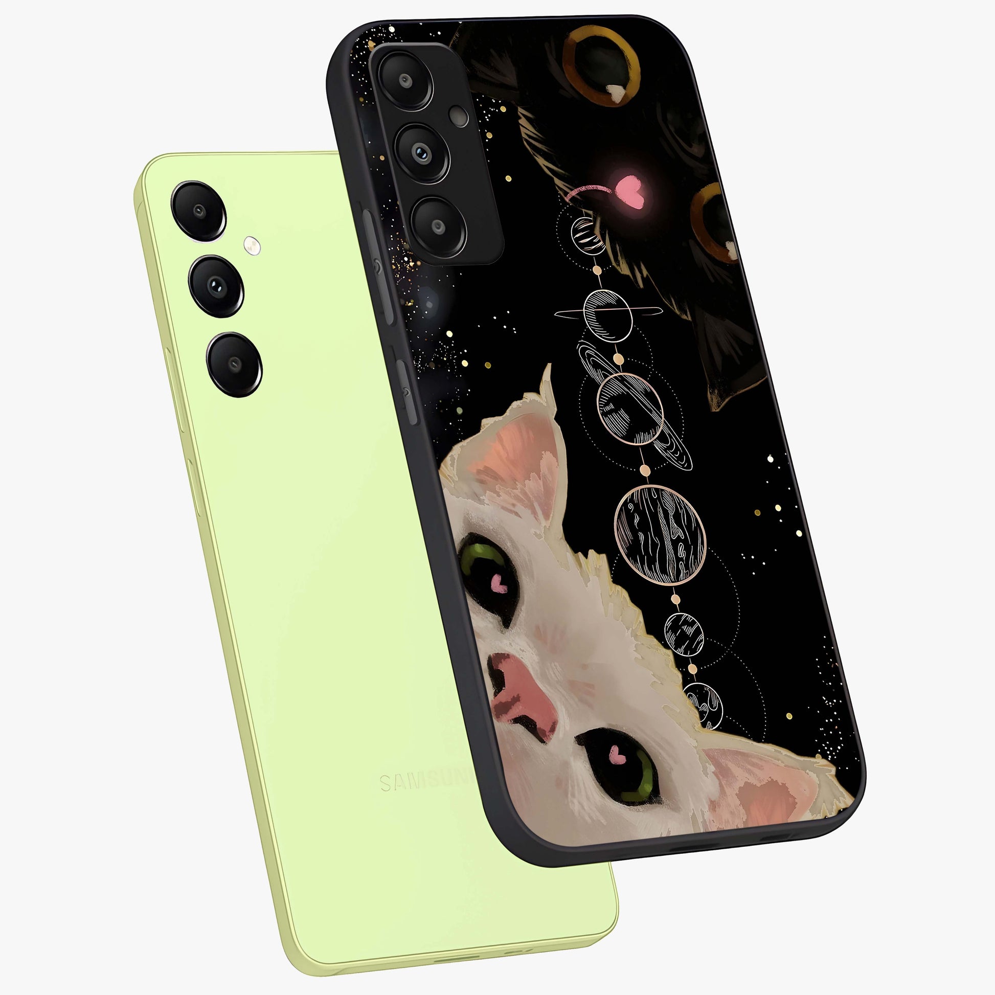 Galactic Cat Glass Case displayed in angled mockup highlighting celestial feline illustration with galaxy aesthetic style.