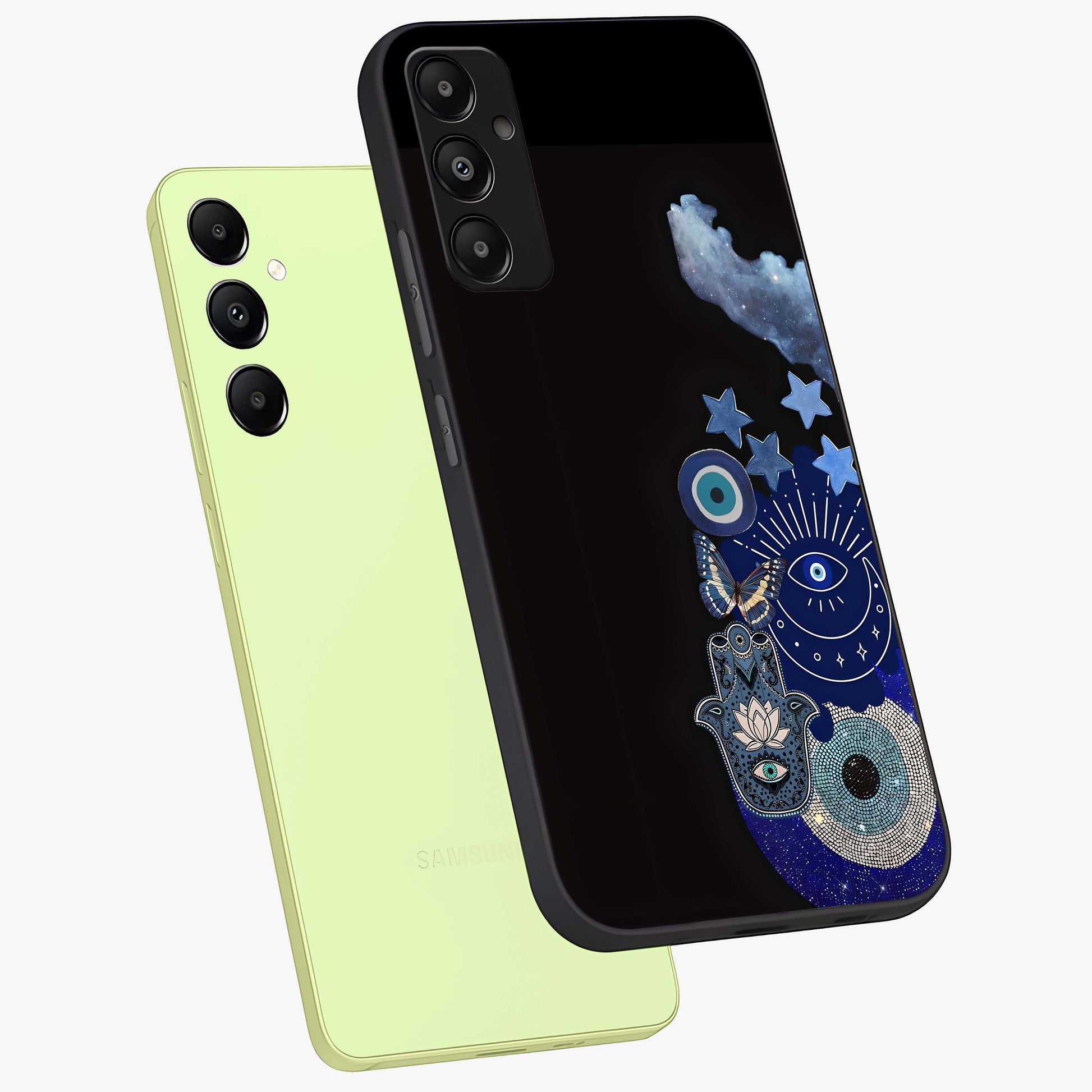 Galactic Charm Cluster Glass Case displayed in angled mockup highlighting luminous galaxy inspired design with dreamy aesthetic.