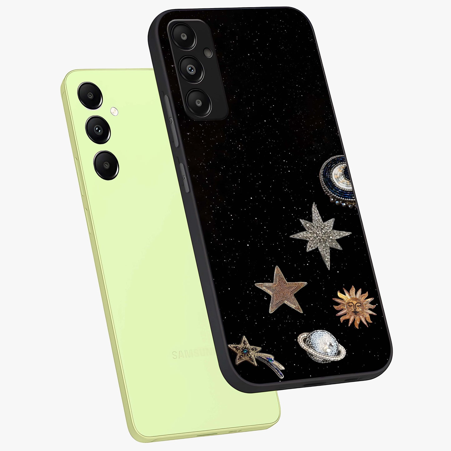 Galactic Charm Glow Glass Case displayed in angled mockup highlighting luminous galaxy inspired design with dreamy aesthetic.