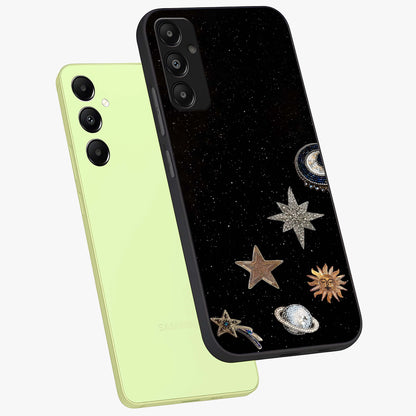 Galactic Charm Glow Glass Case displayed in angled mockup highlighting luminous galaxy inspired design with dreamy aesthetic.