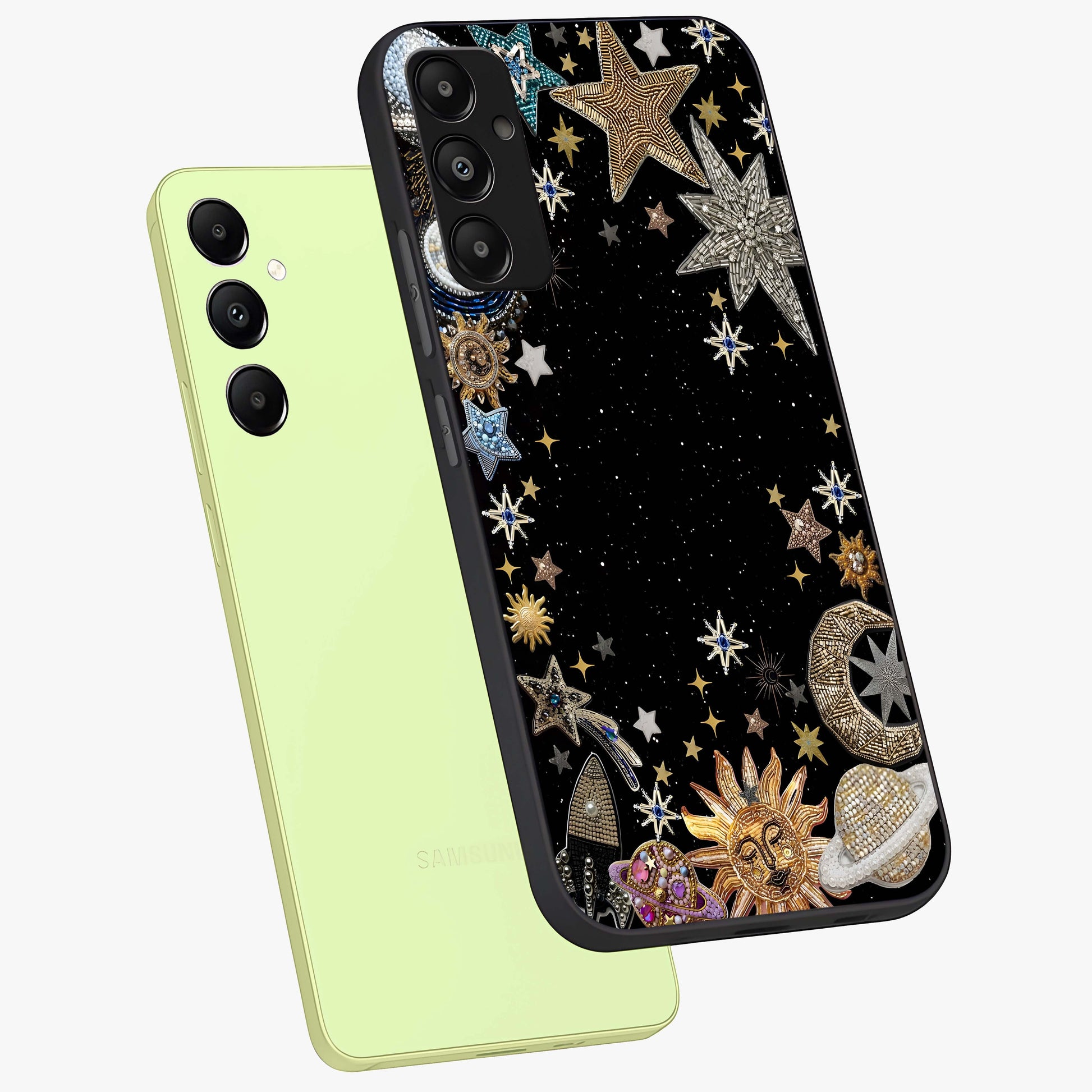 Galactic Jewel Stars Glass Case displayed in angled mockup highlighting shining celestial star design with cosmic aesthetic style.