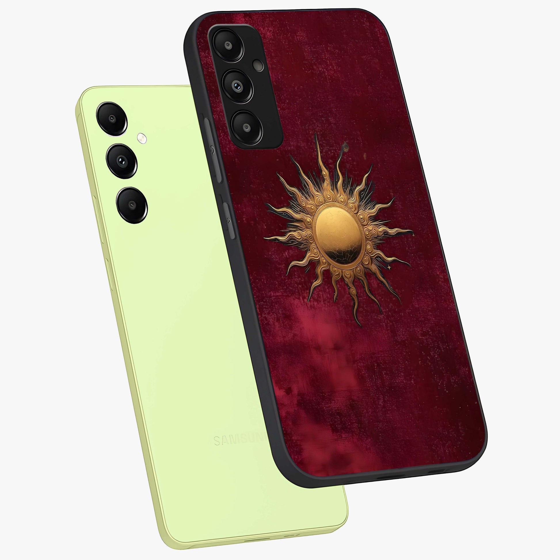 Golden Sun Minimalism Glass Case displayed in angled mockup highlighting clean sun symbol design with modern minimal aesthetic.