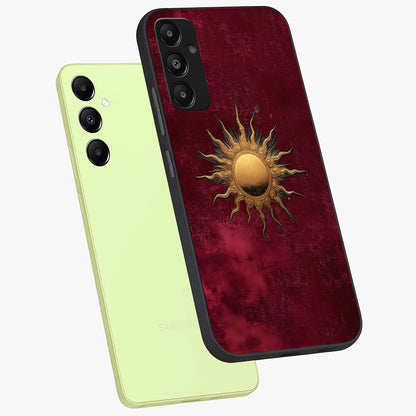 Golden Sun Minimalism Glass Case displayed in angled mockup highlighting clean sun symbol design with modern minimal aesthetic.