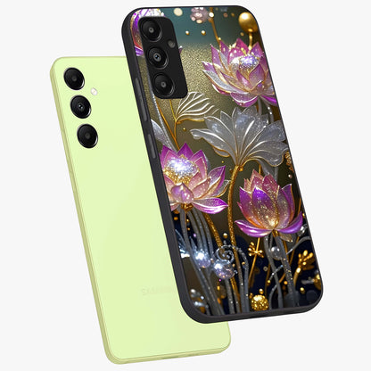 Golden Floral Majesty Glass Case displayed in angled mockup highlighting elegant flower design with royal golden aesthetic.