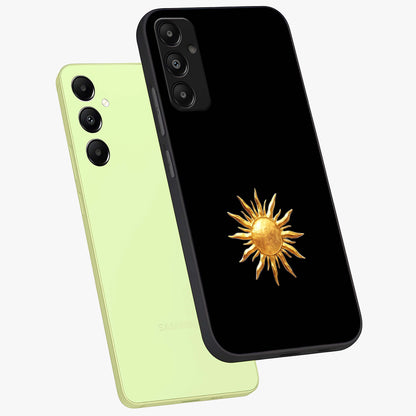 Golden Sun Minimalism Glass Case displayed in angled mockup highlighting eerie shadow illustration with gothic aesthetic.