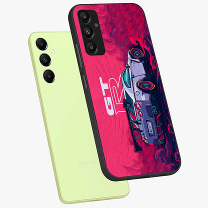 GT-R Car Pattern Glass Case displayed in angled mockup highlighting racing car graphic design with bold automotive aesthetic.