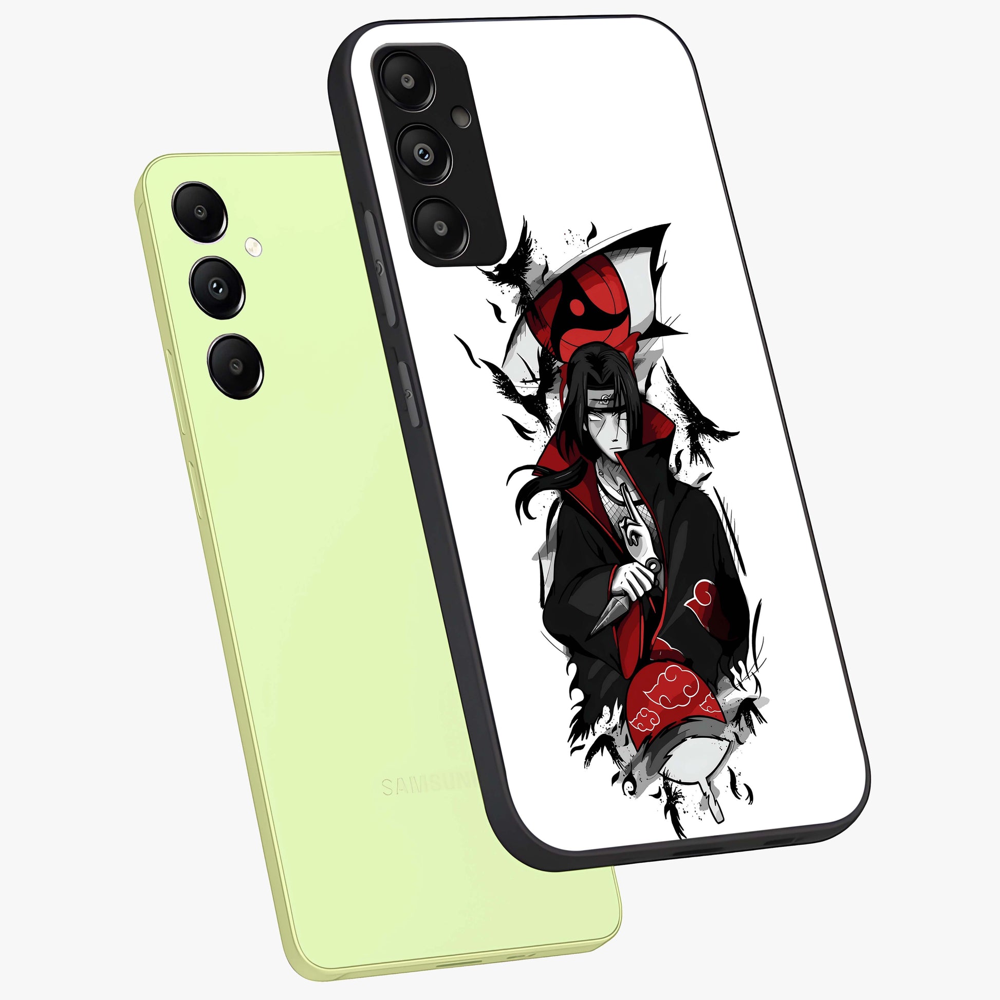 Itachi Limited Edition Naruto Anime Glass Case displayed in angled mockup highlighting dramatic anime illustration with bold action aesthetic.