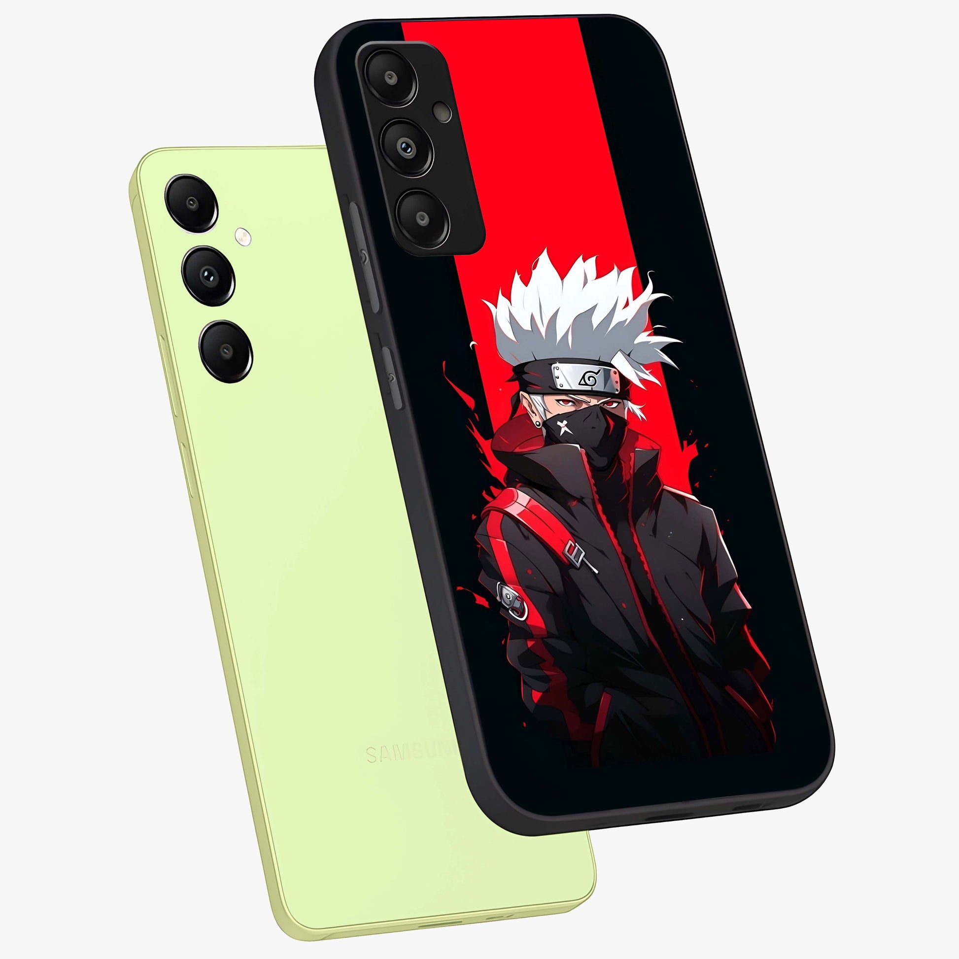 Kakashi Scarlet Shadow Glass Case displayed in angled mockup highlighting dramatic ninja illustration with scarlet themed aesthetic.