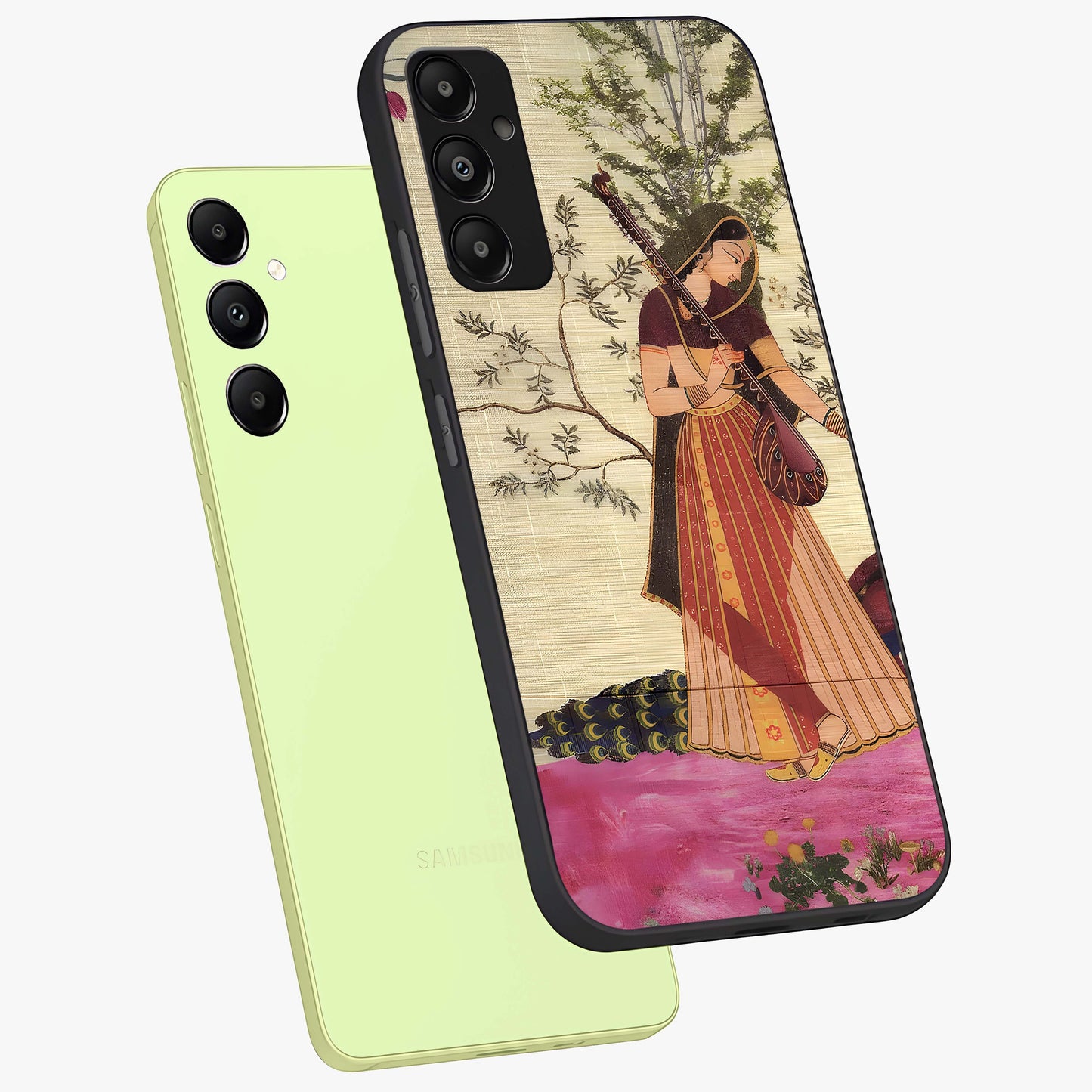 Lady With Veena Art Glass Case displayed in angled mockup highlighting graceful musical illustration with cultural artistic aesthetic.