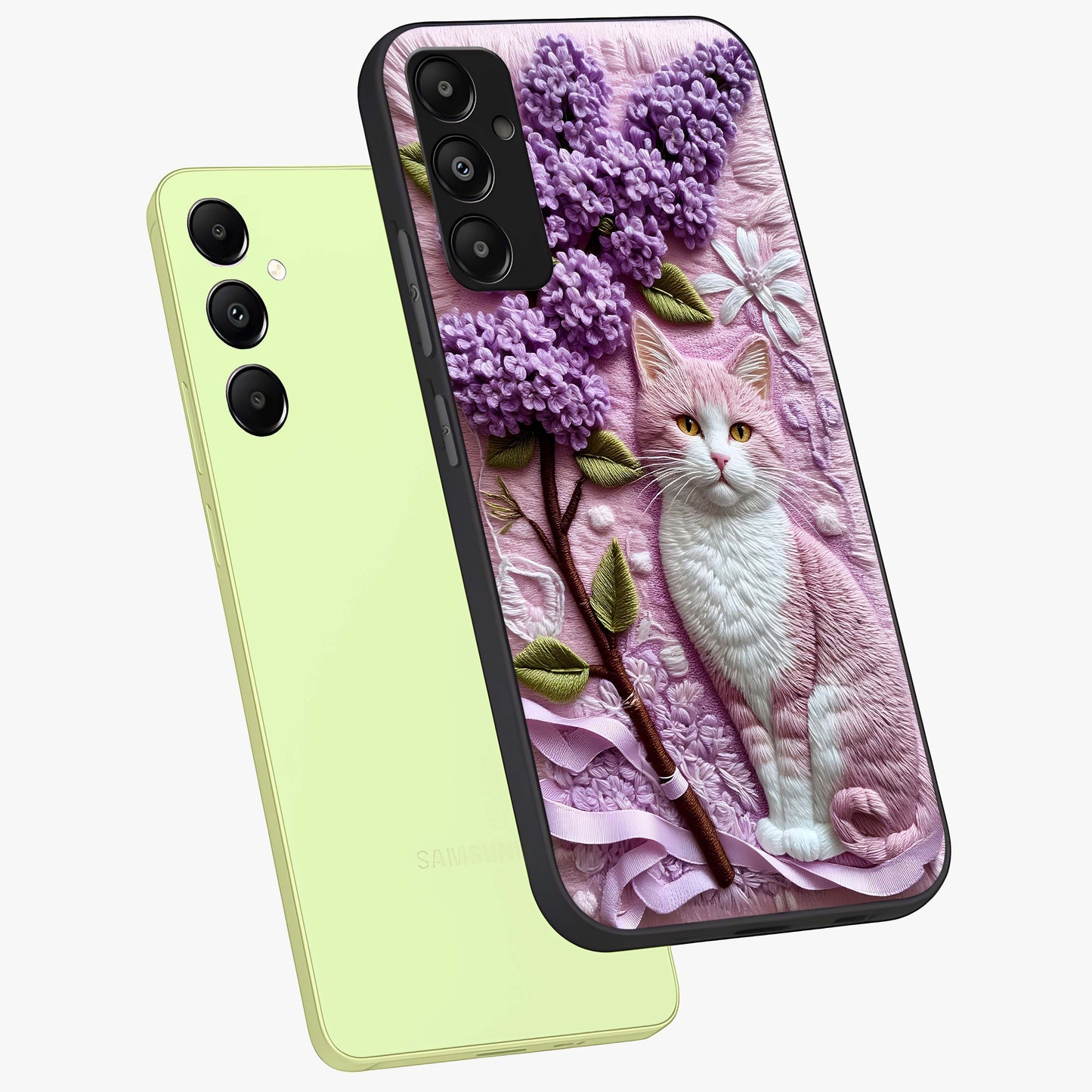 Lavender Cat Whimsy Glass Case displayed in angled mockup highlighting playful feline illustration with pastel lavender aesthetic.