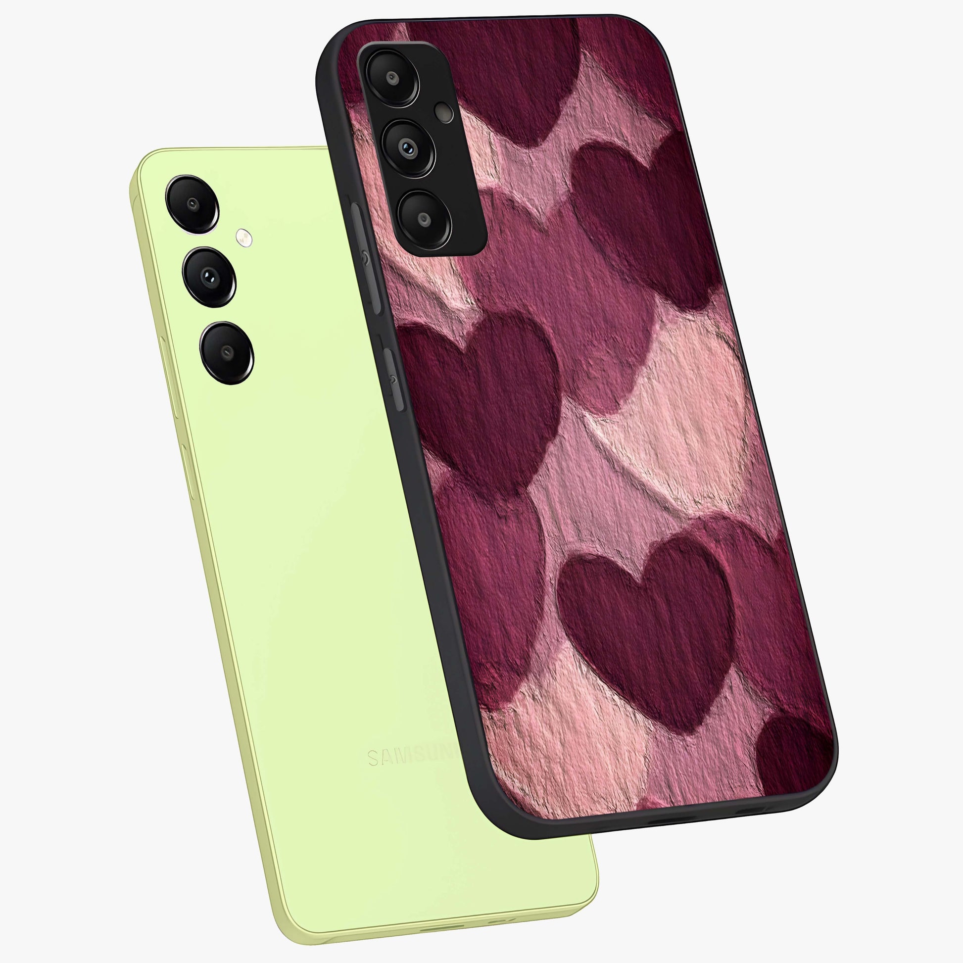 Layered Paper Hearts Glass Case displayed in angled mockup highlighting creative paper craft heart design with romantic aesthetic.