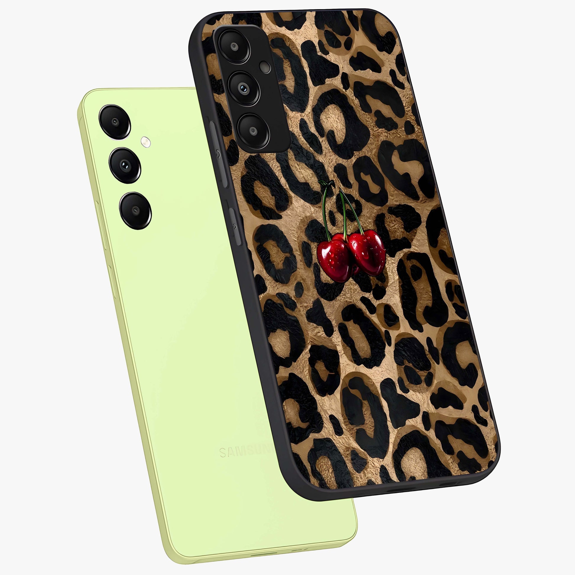 Leopard Wild Cherry Glass Case displayed in angled mockup highlighting bold animal print design with playful cherry aesthetic.