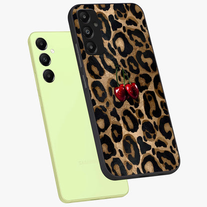 Leopard Wild Cherry Glass Case displayed in angled mockup highlighting bold animal print design with playful cherry aesthetic.