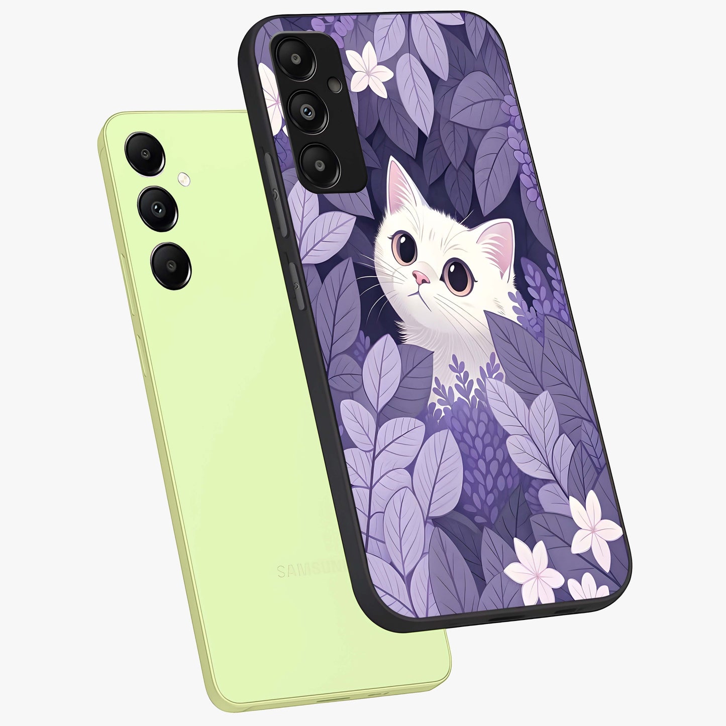 Lilac Hide Peek Cat Glass Case displayed in angled mockup highlighting playful feline illustration with lilac aesthetic design.