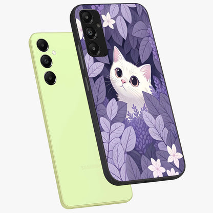 Lilac Hide Peek Cat Glass Case displayed in angled mockup highlighting playful feline illustration with lilac aesthetic design.