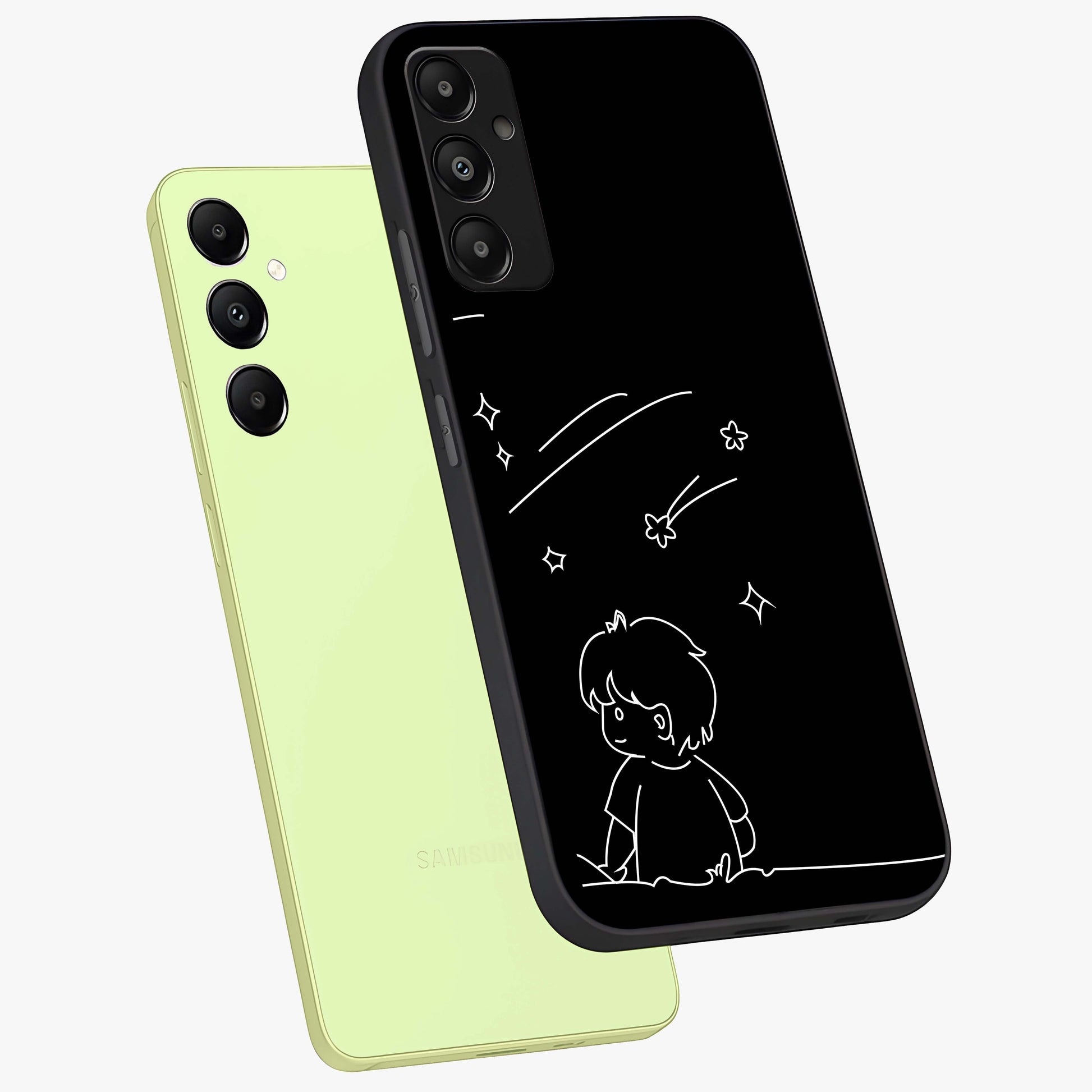 Line Art Boy With Shooting Stars Glass Case displayed in angled mockup highlighting elegant line art design with dreamy star aesthetic.