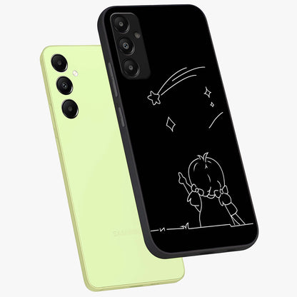 Line Art Girl With Shooting Stars Glass Case displayed in angled mockup highlighting elegant line art design with dreamy star aesthetic.