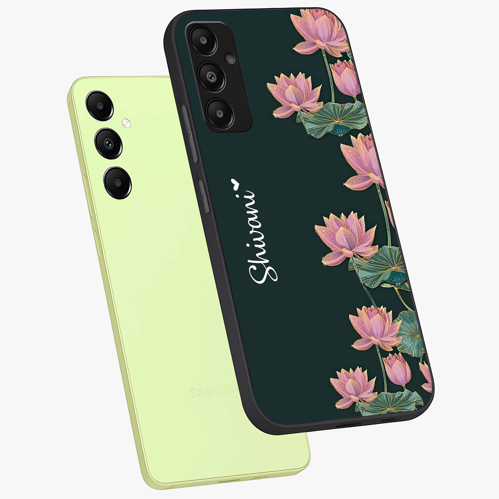 Lotus Bloom Serenity Custom Name Glass Case displayed in angled mockup highlighting graceful lotus illustration with custom name feature.