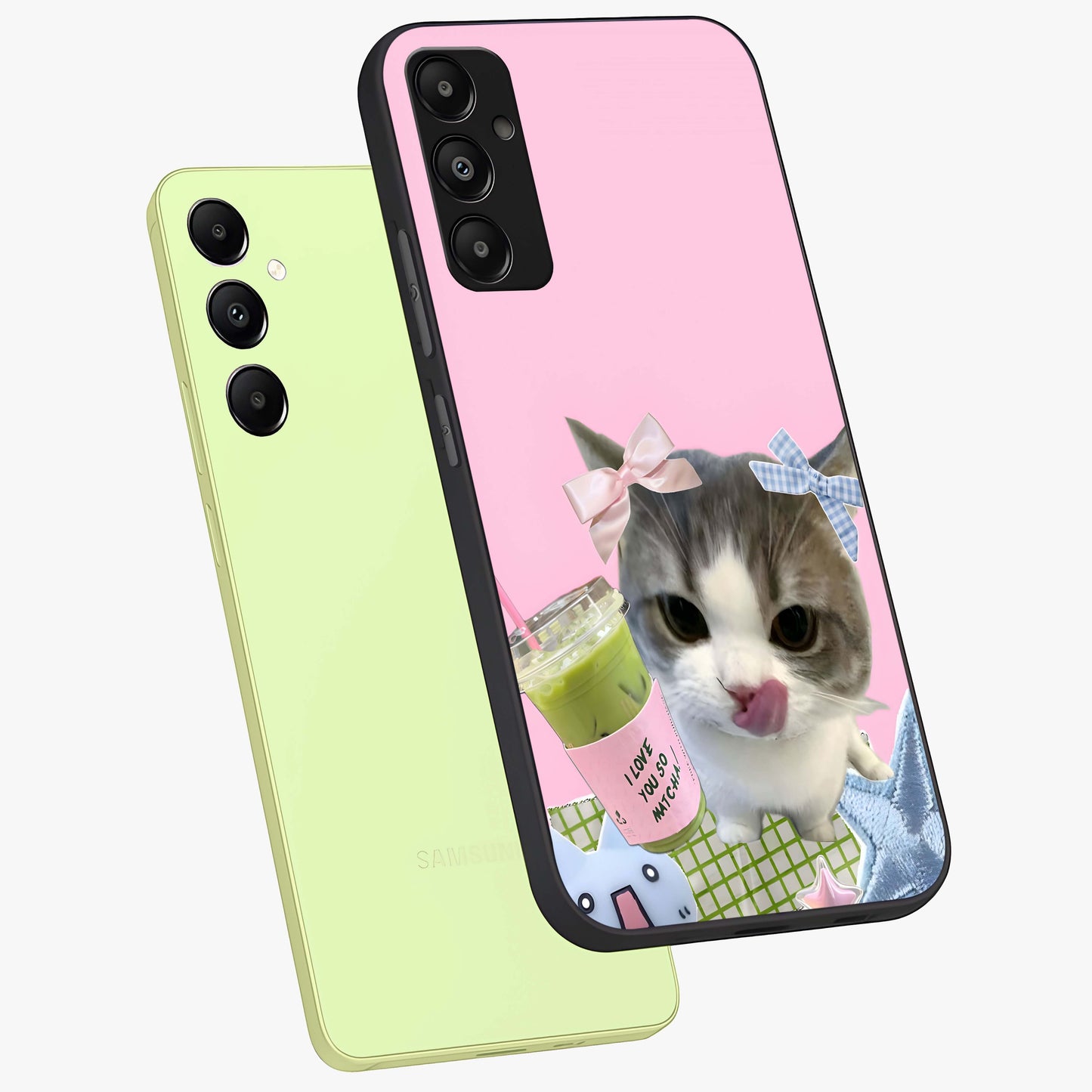 Love Matcha Cat Glass Case displayed in angled mockup highlighting playful feline illustration with cozy matcha aesthetic.