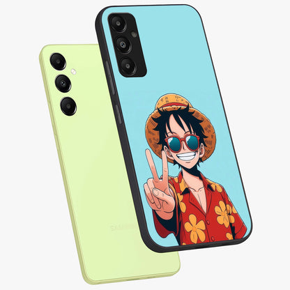 Luffy Summer Anime Vibe Glass Case displayed in angled mockup highlighting energetic anime illustration with summer vibe aesthetic.