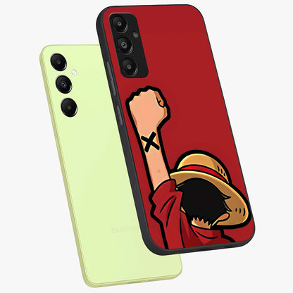Luffy X Spirit Glass Case displayed in angled mockup highlighting powerful anime design with energetic action aesthetic.